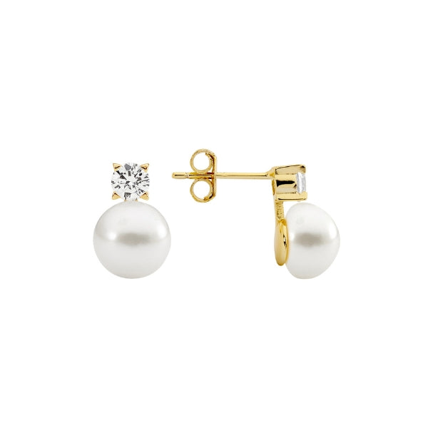 Gold plated sterling silver Cubic Zirconia set stud earring with freshwater pearl