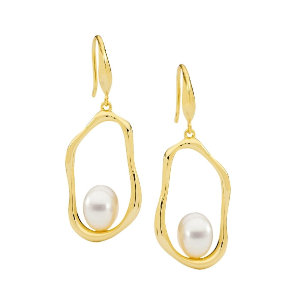 Ellani gold plated shepherds hook earrings with open oval freshwater pearls
