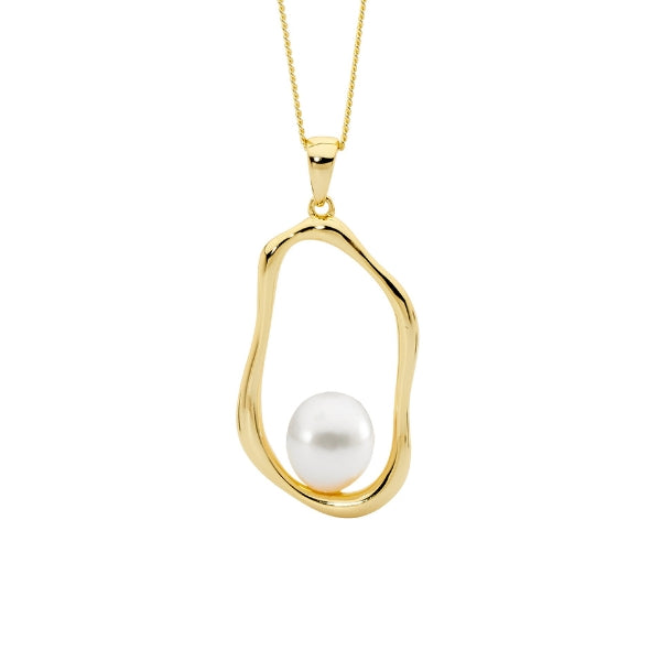 Ellani gold plated silver open oval pendant with 9mm white freshwater pearl on 44cm cable chain
