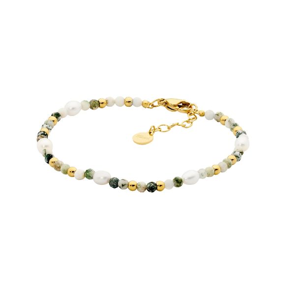 Ellani gold plated stainless steel wire bracelet with tree agate & freshwater pearls