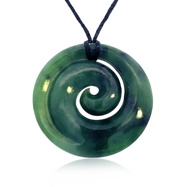 NZ pounamu greenstone spiral koru spiral pendant on slider cord