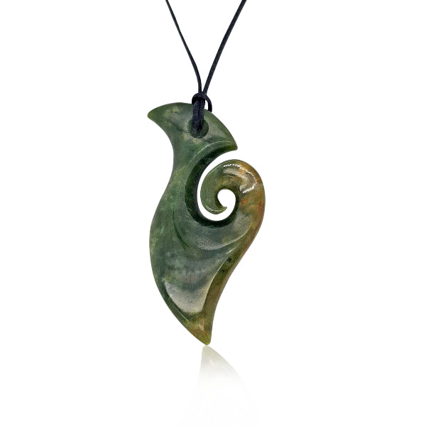 NZ pounamu greenstone matau hook with koru necklace