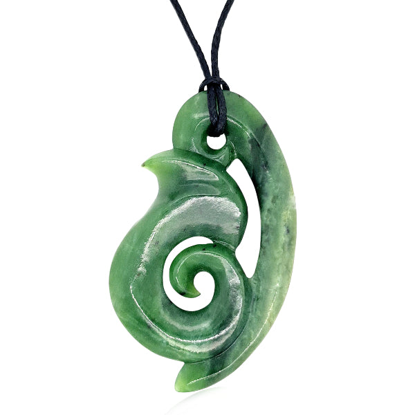 Large NZ pounamu greenstone matau hook with koru necklace