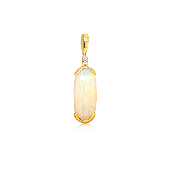 Handmade white australian opal diamond set pendant in 9ct yellow gold