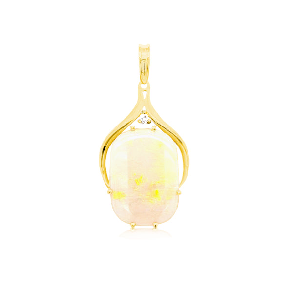 White opal in diamond set 9ct yellow gold frame