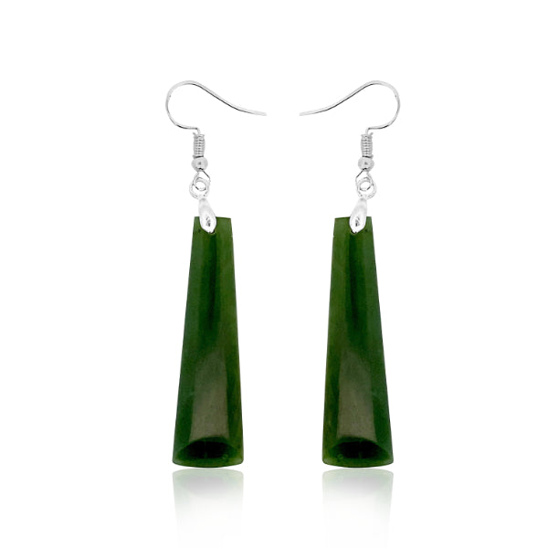 NZ pounamu greenstone toki drop earrings on sterling silver hooks - 45mm