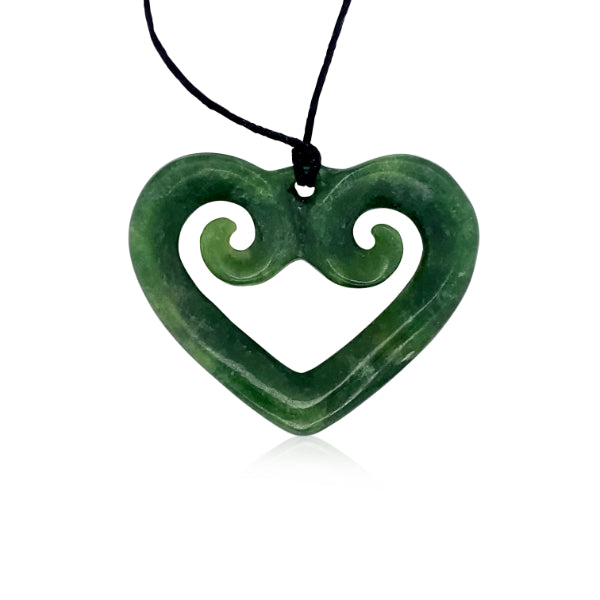 NZ pounamu greenstone open heart with koru necklace