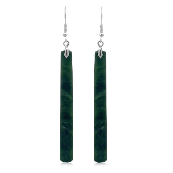 NZ pounamu greenstone pole drop earrings on sterling silver hooks