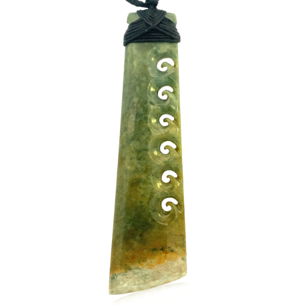 NZ pounamu greenstone toki necklace with 6 kour cutouts