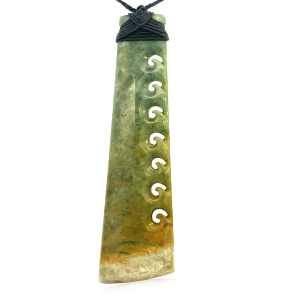 NZ pounamu greenstone toki necklace with 7 koru cutout
