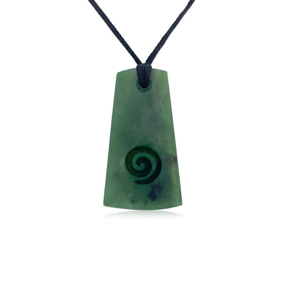NZ pounamu greenstone toki with carved koru necklace