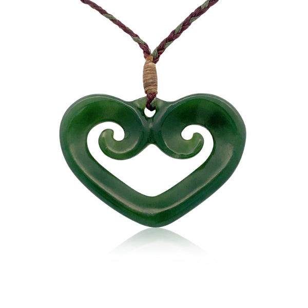 NZ pounamu greenstone open heart with double koru necklace