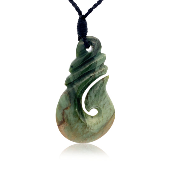 NZ pounamu greenstone engraved flower jade hook necklace