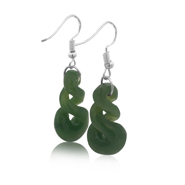 NZ pounamu greenstone triple twist drop earrings on sterling silver hooks