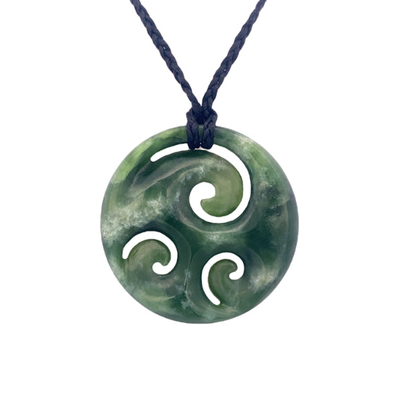 NZ pounamu greenstone circle with 3 koru on slider cord