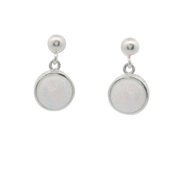 Sterling silver round synthetic opal drop earrings on stud fittings in sterling silver
