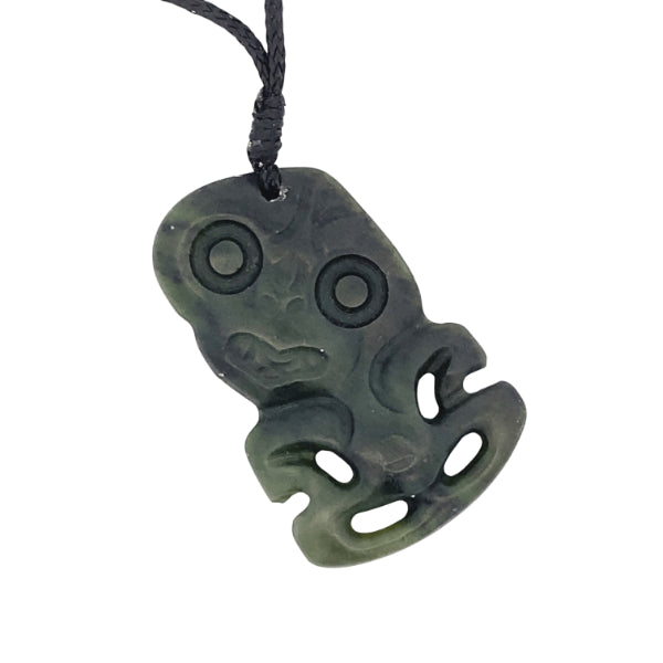 NZ pounamu greenstone hei tiki on black slider cord