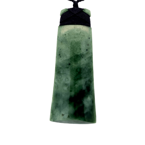 NZ pounamu greenstone toki with curve on plaited slider cord