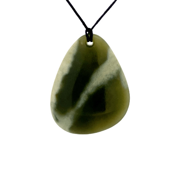 NZ pounamu greenstone flower jade pebble necklace on slider cord by Aden Hoglund