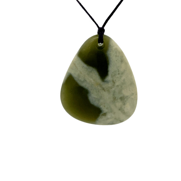 NZ pounamu greenstone flower jade pebble necklace on slider cord by Aden Hoglund