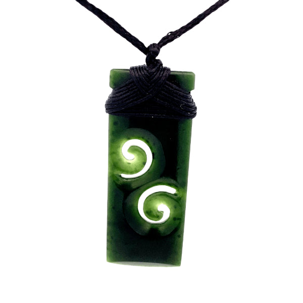 NZ pounamu greenstone bound toki with two koru on slider cord by Aden Hoglund