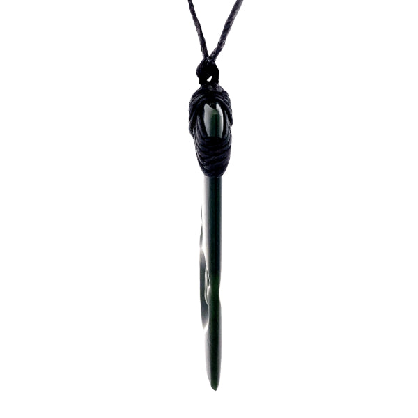 NZ pounamu greenstone bound toki with two koru on slider cord by Aden Hoglund