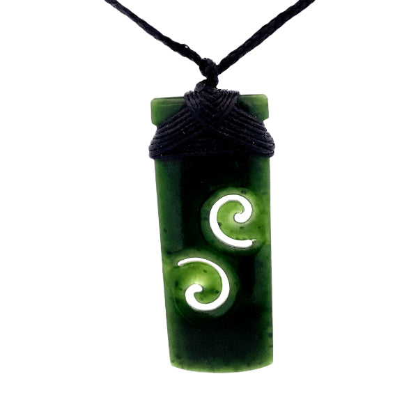 NZ pounamu greenstone bound toki with two koru on slider cord by Aden Hoglund
