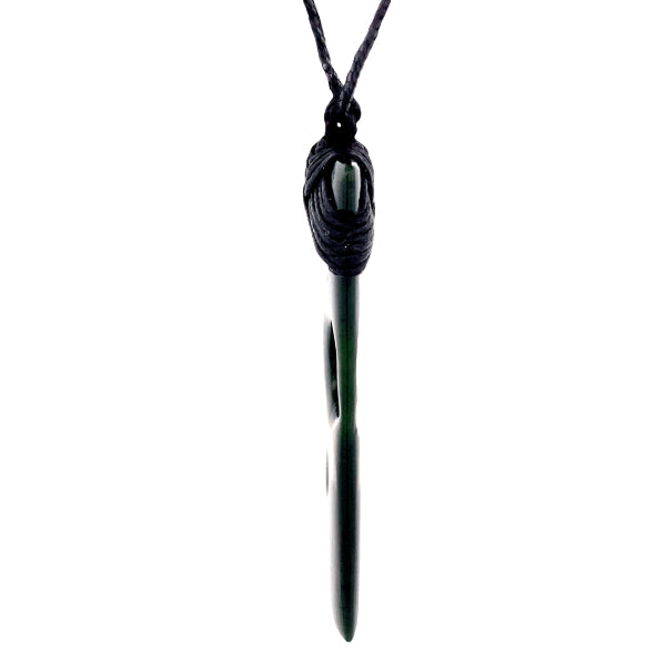 NZ pounamu greenstone bound toki with two koru on slider cord by Aden Hoglund
