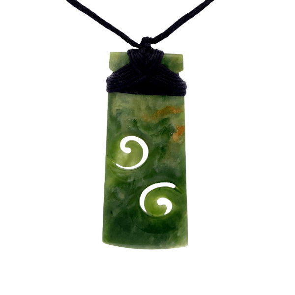 NZ pounamu greenstone flower jade bound toki with two koru on slider cord by Aden Hoglund