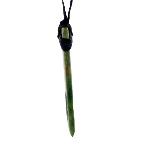 NZ pounamu greenstone flower jade bound toki with two koru on slider cord by Aden Hoglund