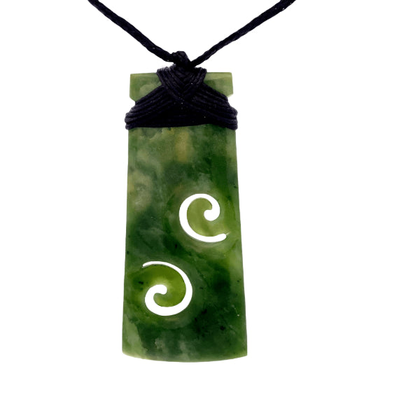 NZ pounamu greenstone flower jade bound toki with two koru on slider cord by Aden Hoglund