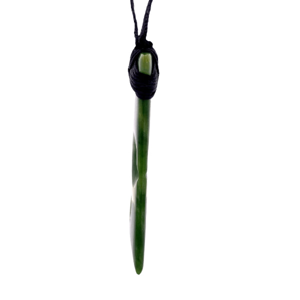 NZ pounamu greenstone flower jade bound toki with two koru on slider cord by Aden Hoglund