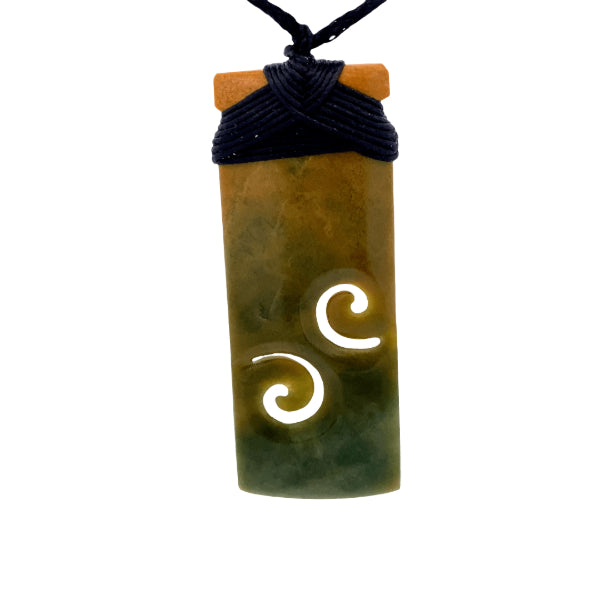 NZ pounamu greenstone flower jade bound toki with two koru on slider cord by Aden Hoglund