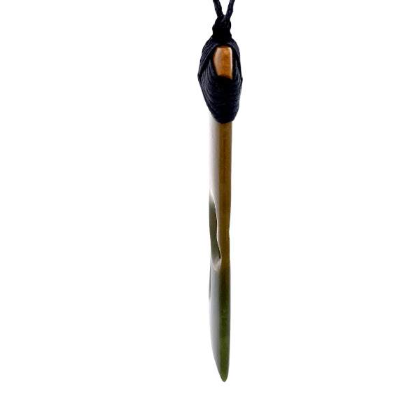 NZ pounamu greenstone flower jade bound toki with two koru on slider cord by Aden Hoglund
