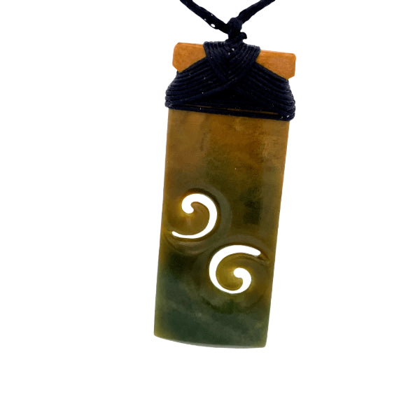 NZ pounamu greenstone flower jade bound toki with two koru on slider cord by Aden Hoglund