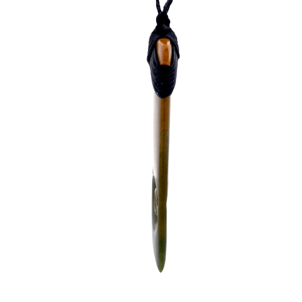 NZ pounamu greenstone flower jade bound toki with two koru on slider cord by Aden Hoglund