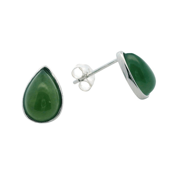Greenstone teardrop rubover stud earrings in sterling silver
