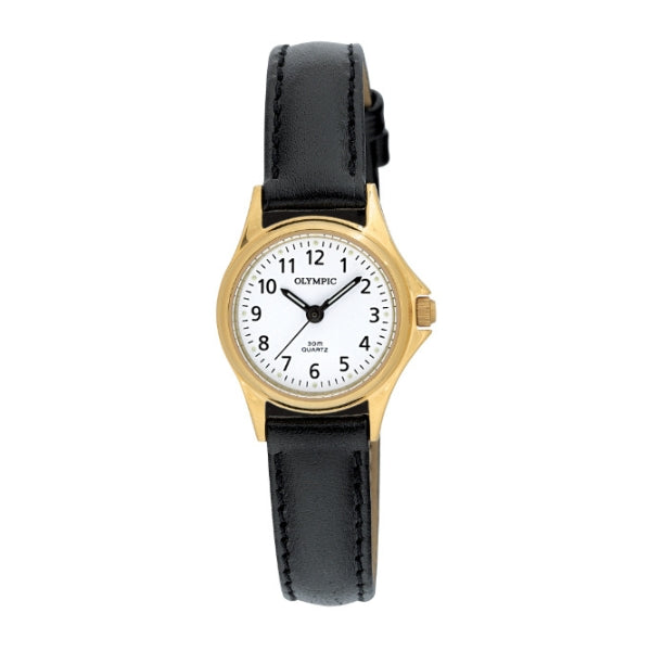 Olympic women's quartz dress watch in gold tone with black leather strap