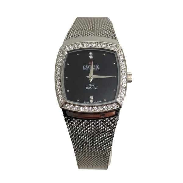 Stainless steel ladies watch with TV shaped crystal set dial on mesh strap