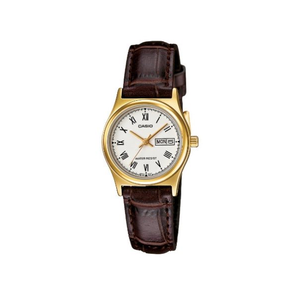 Casio women's quartz watch with day/date feature on brown leather band
