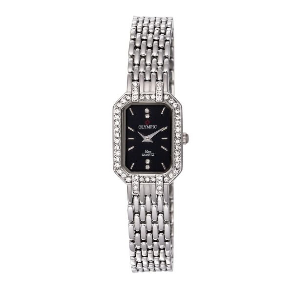 Olympic women's quartz watch with crystal set rectangular dial in silver tone