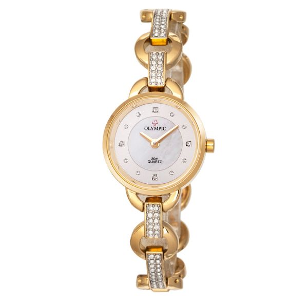Gold plated stainless steel bracelet watch with round mother of pearl stone set dial