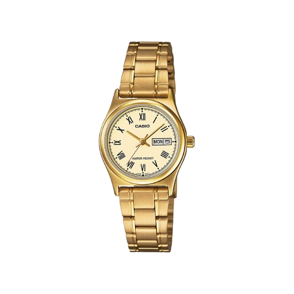 Casio women's analogue quartz watch with day and date in gold tone
