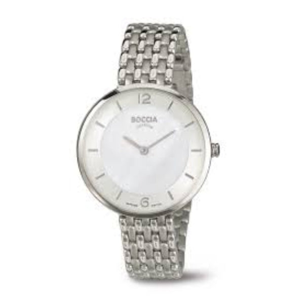 Boccia women's silver titanium quartz analogue watch with mother of pearl dial