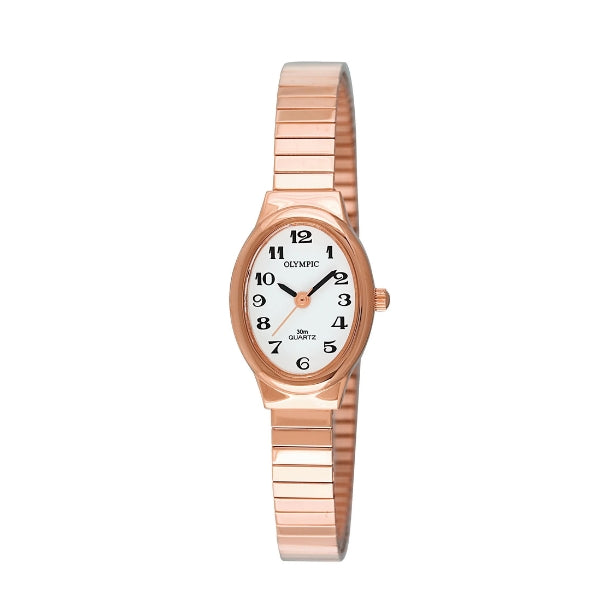 Olympic women's quartz dress watch with expander strap in rose gold tone