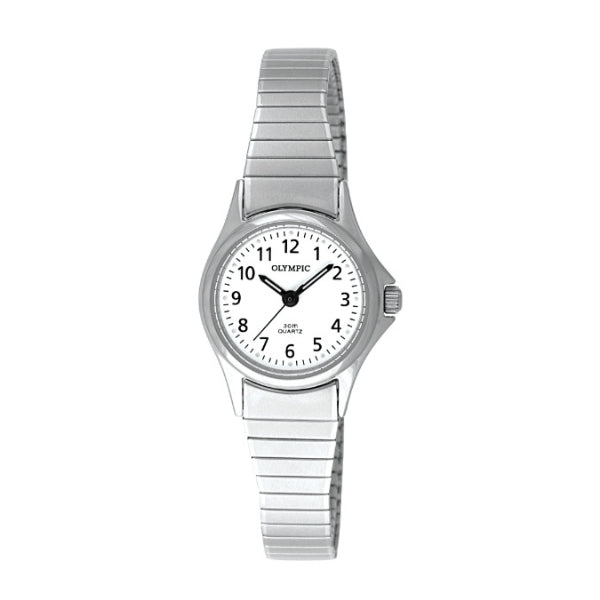 Olympic women's quartz dress watch with expander strap in stainless steel