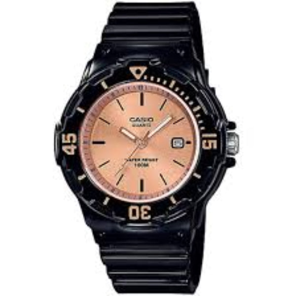 Casio women's quartz watch with rose gold coloured dial and black strap