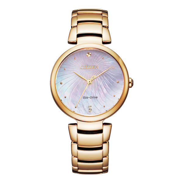 Citizen women's solar dress watch in gold tone with mother of pearl dial