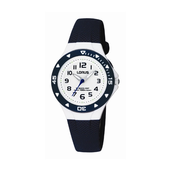 Lorus kid's time teacher quartz sports watch in navy and white