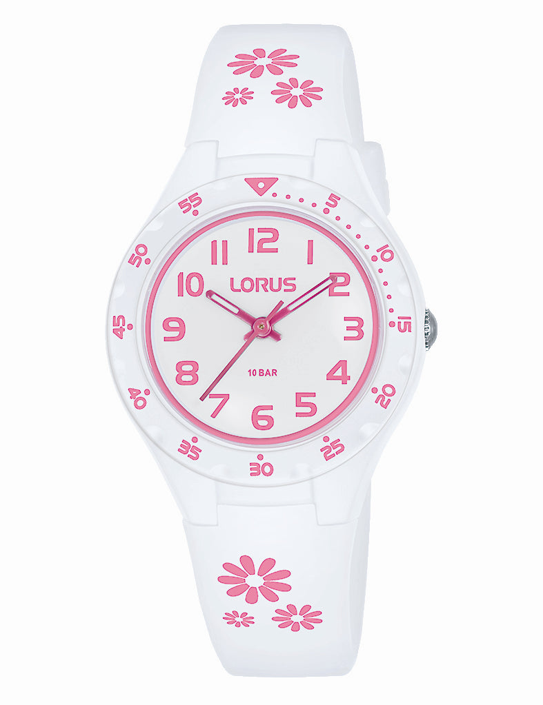 Lorus kid's time teacher quartz watch in white with pink flowers